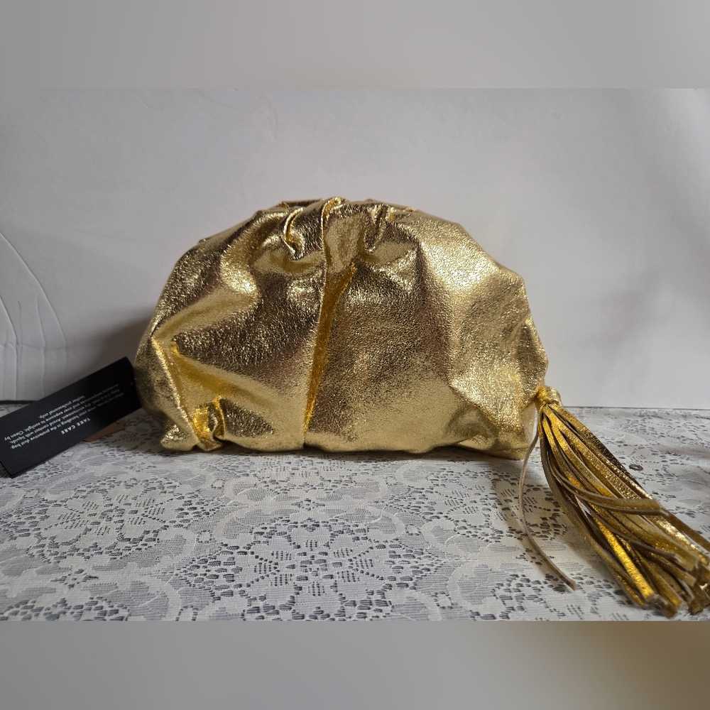 Rebecca Minkoff Gold Metallic Leather Clutch Pouch with Tassel